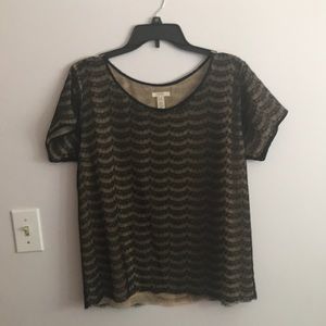 J Crew black lace and gold short sleeve blouse